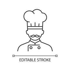 Ship cook linear icon. Food preparation for passengers. Serving eatery for customers. Thin line customizable illustration. Contour symbol. Vector isolated outline drawing. Editable stroke