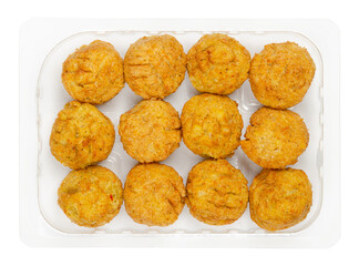 Pre-fried vegan falafel balls, in a clear plastic container. Ball shaped fritters, based on chickpeas and rice, a traditional Middle Eastern food. Convenience food. Close-up, from above, food photo.