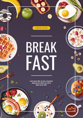 Promo flyer for breakfast menu, healthy eating, nutrition, cooking,  fresh food, dessert, diet, pastry, cuisine. A4 vector illustration for banner, flyer, cover, advertising, menu, poster.