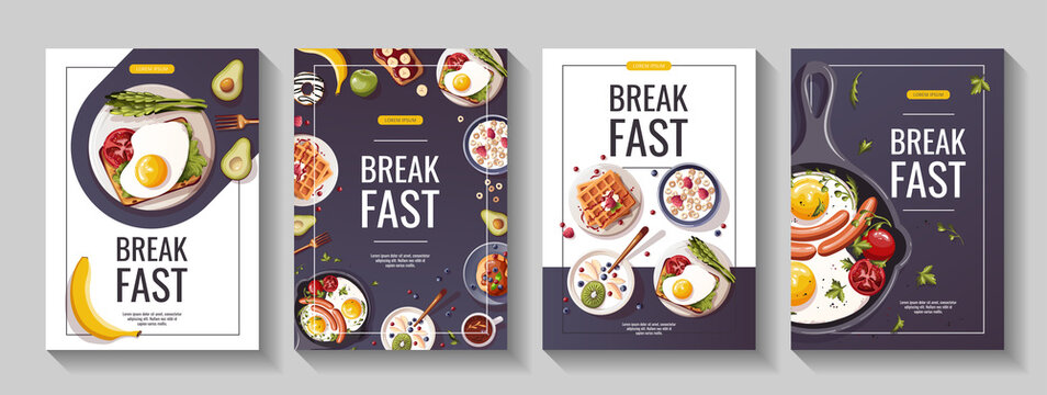 Set of promo flyers for Healthy eating, nutrition, cooking, breakfast menu, fresh food, dessert, diet, pastry, cuisine. A4 vector illustration for banner, flyer, cover, advertising, menu, poster.