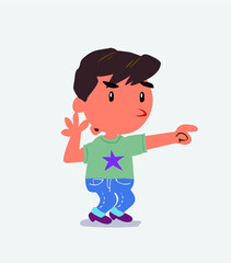 Surprised cartoon character of little boy on jeans points to something