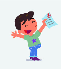 very happy cartoon character of little boy on jeans with a exam in hand.