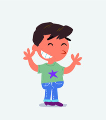 very happy cartoon character of little boy on jeans with a exam in hand.