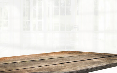 empty wooden table on background of abstract blur white interior, montage, product display, inside and window.