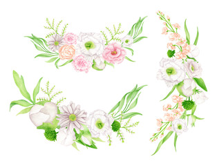 Watercolor flowers and greenery arrangement set. Hand painted bouquets isolated on white. Botanical drawing. Floral compositions with pale blush and white flowers for wedding invitations, cards
