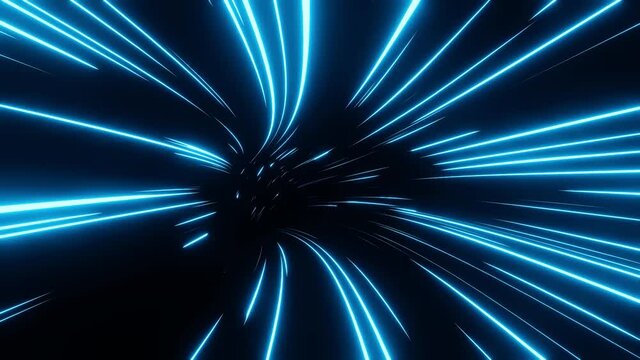 Warp speed. Neon glowing rays in motion into digital technologic tunnel. Travel through space and time. Seamless 4K loop video animation