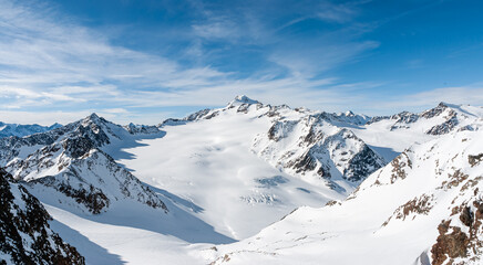 Solden, GLACIER, AUSTRIA. Panorama of the Solden Glacier in Austria and view of the ski gondola lift.