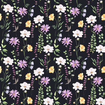 Floral seamless pattern with colorful small flowers cosmos, coreopsis, bells, lavender and green leaves on branches. Delicate watercolor illustration on dark background for textile or wallpapers.