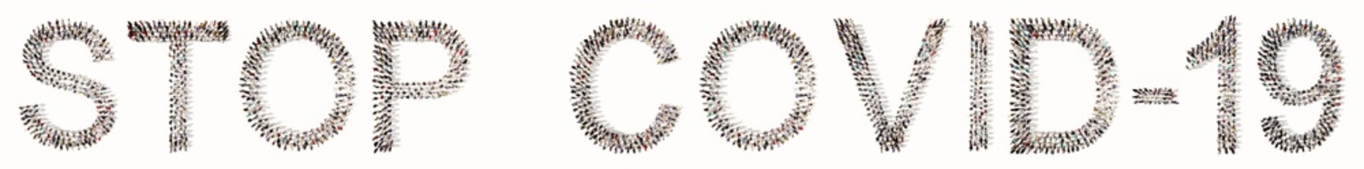 Concept conceptual large community of people forming STOP COVID-19 slogan. 3d illustration metaphor for stoping the virus transmission: social distancing, testing, protection and immunization