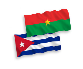 National vector fabric wave flags of Burkina Faso and Cuba isolated on white background. 1 to 2 proportion.