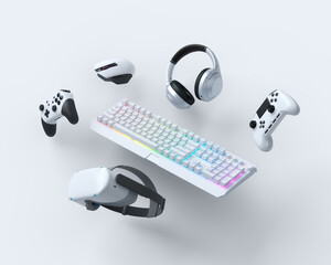 Flying gamer gears like keyboard, joystick, headphones, VR glasses, microphone - obrazy, fototapety, plakaty