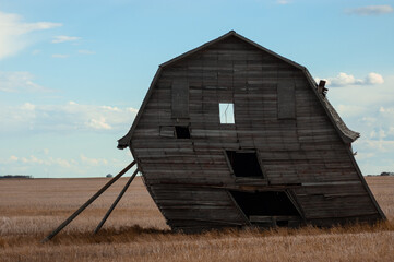Abandoned crooked farm building on the dry grass field