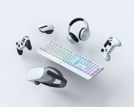 Flying gamer gears like keyboard, joystick, headphones, VR glasses, microphone