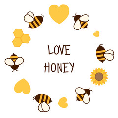 Flying Bee with honeycomb isolated. Cute cartoon character. The character of cute bee flying with flower ring in flat vector style. Vector illustration. 