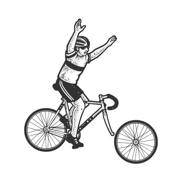 Cyclist falls off broken bike line art sketch engraving vector illustration. T-shirt apparel print design. Scratch board imitation. Black and white hand drawn image.