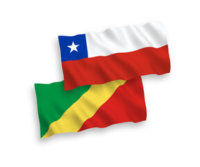 National vector fabric wave flags of Republic of the Congo and Chile isolated on white background. 1 to 2 proportion.
