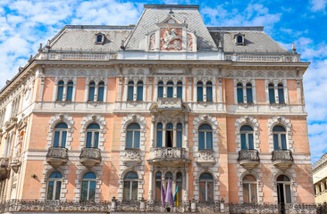 Fototapeta na wymiar Architectural buildings of Lviv. Wonderful panoramic city view Lviv. Old vintage residential buildings on street in the historical center of the Lviv city. Space for text.