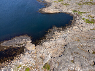 Bird's eye view of archipelago, coastline, cliffs and sea. Aerial, drone photography from above,...