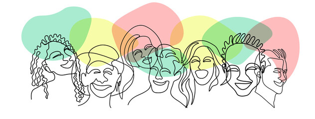 0ne line art surreal abstract human face of women with thought bubble. Conceptual of  diverse people are sharing their ideas and thoughts.