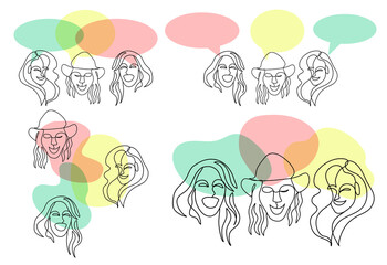 0ne line art surreal abstract human face of women with thought bubble. Conceptual of  diverse people are sharing their ideas and thoughts.