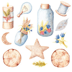 Watercolor illustration of vintage and eco-friendly elements