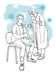 Fototapeta na wymiar The man is pleased that he was vaccinated against covid. A doctor giving a shot of a vaccine. Hand drawn sketch. Isolated on white background.