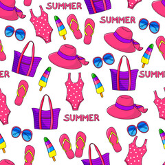 Summer Seamless Pattern. Colorful prints in bright pink color. Perfect for paper wrapping and textile decorations.