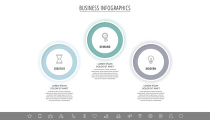 Modern vector infographics with three circles. Business template with 3 steps for diagram, web, banner, presentations, flowchart, content, levels, chart, graphic, timeline