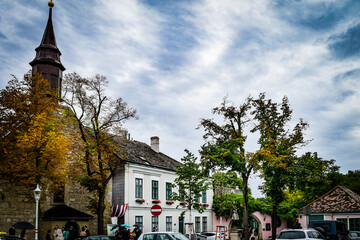 Obraz premium ウィーン、ハイリゲンシュタット、ベートーベンが住んだ家（ホイリゲ）と教会等の付近の情景