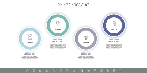 Modern vector infographics with four circles. Business template with 4 steps for diagram, web, banner, presentations, flowchart, content, levels, chart, graphic, timeline