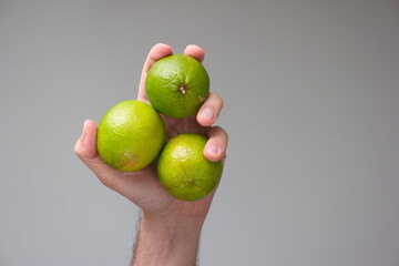 3 fresh green limes held in hand by Caucasian male close up studio shot isolated on gray background