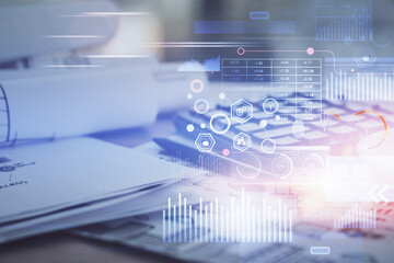 Fototapeta premium Multi exposure of data theme drawings and desk with open notebook background. Concept of education