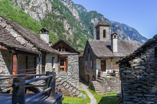 The tradtional stone houses with church tower in the beautiful village of Foroglio, Ticino, Switzerland