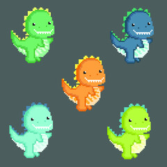 Cute dinosaur pixel art. Dino set 8 bit. Dinosaur Pixelate. Vector illustration