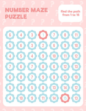 Math number maze puzzle. Prinatble math worksheet page. Easy colorful math worksheet practice for kids in preschool, elementary and middle school.