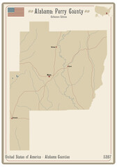 Map on an old playing card of Perry county in Alabama, USA.