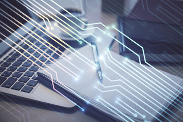 Multi exposure of technology theme drawing and desktop with coffee and items on table background. Concept of data research.