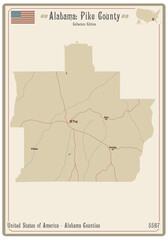 Map on an old playing card of Pike county in Alabama, USA.