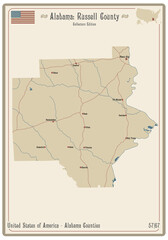 Map on an old playing card of Russell county in Alabama, USA.