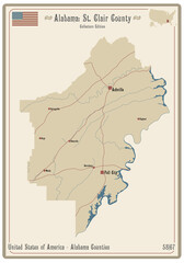 Map on an old playing card of Saint Clair county in Alabama, USA.