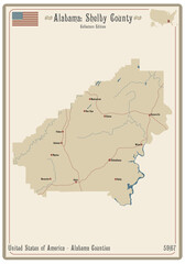Map on an old playing card of Shelby county in Alabama, USA.