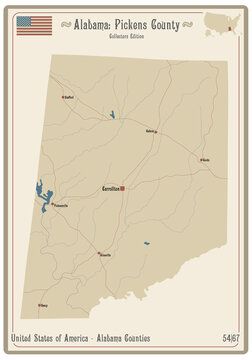 Map on an old playing card of Pickens county in Alabama, USA.
