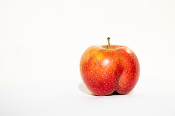 Bright ripe red apple of an unusual shape in the shape of an ass in the light of the sun on a white background. Close-up