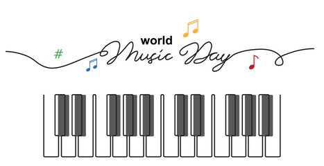 World Music Day sketch. Piano keys simple vector banner, poster, background. One continuous line drawing with text Music Day © alstanova@gmail.com