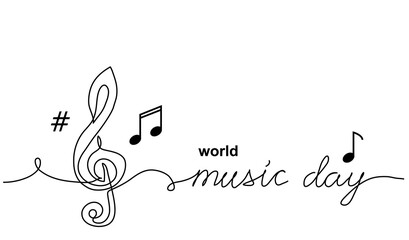 World Music Day simple vector banner, poster, background with treble clef sign and musical notes . One continuous line drawing with text Music Day