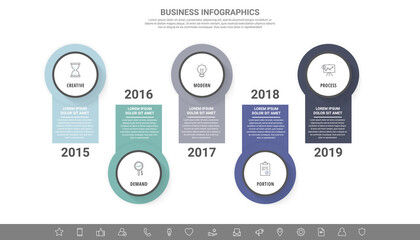 Modern vector infographics with five circles. Business template with 5 steps for diagram, web, banner, presentations, flowchart, content, levels, chart, graphic, timeline