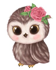 Cute owl isolated on white. Baby owl with flower 