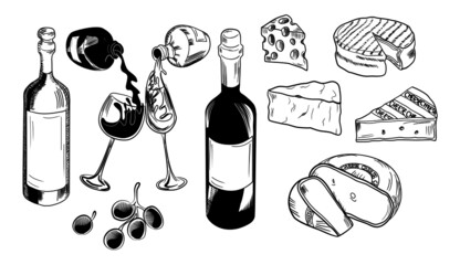 set of hand drawn illustrations cheese and wine, pour wine into the glass, piece of cheese