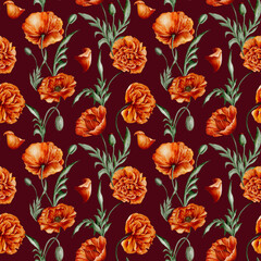 Digital watercolour seamless pattern with scarlet wild poppies and green leaves on the burgundy background. Colourful endless pattern for textile or wrapping paper.