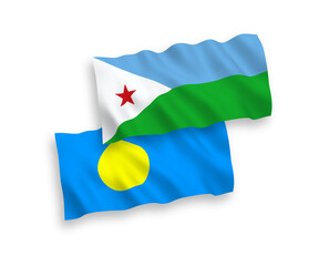 National vector fabric wave flags of Republic of Djibouti and Palau isolated on white background. 1 to 2 proportion.